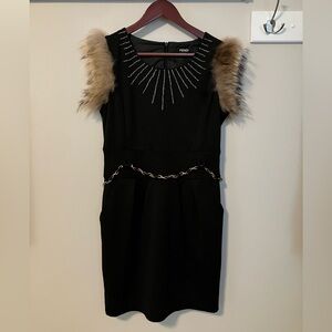 Fendi label Black Dress with Earth-tone Feather Details